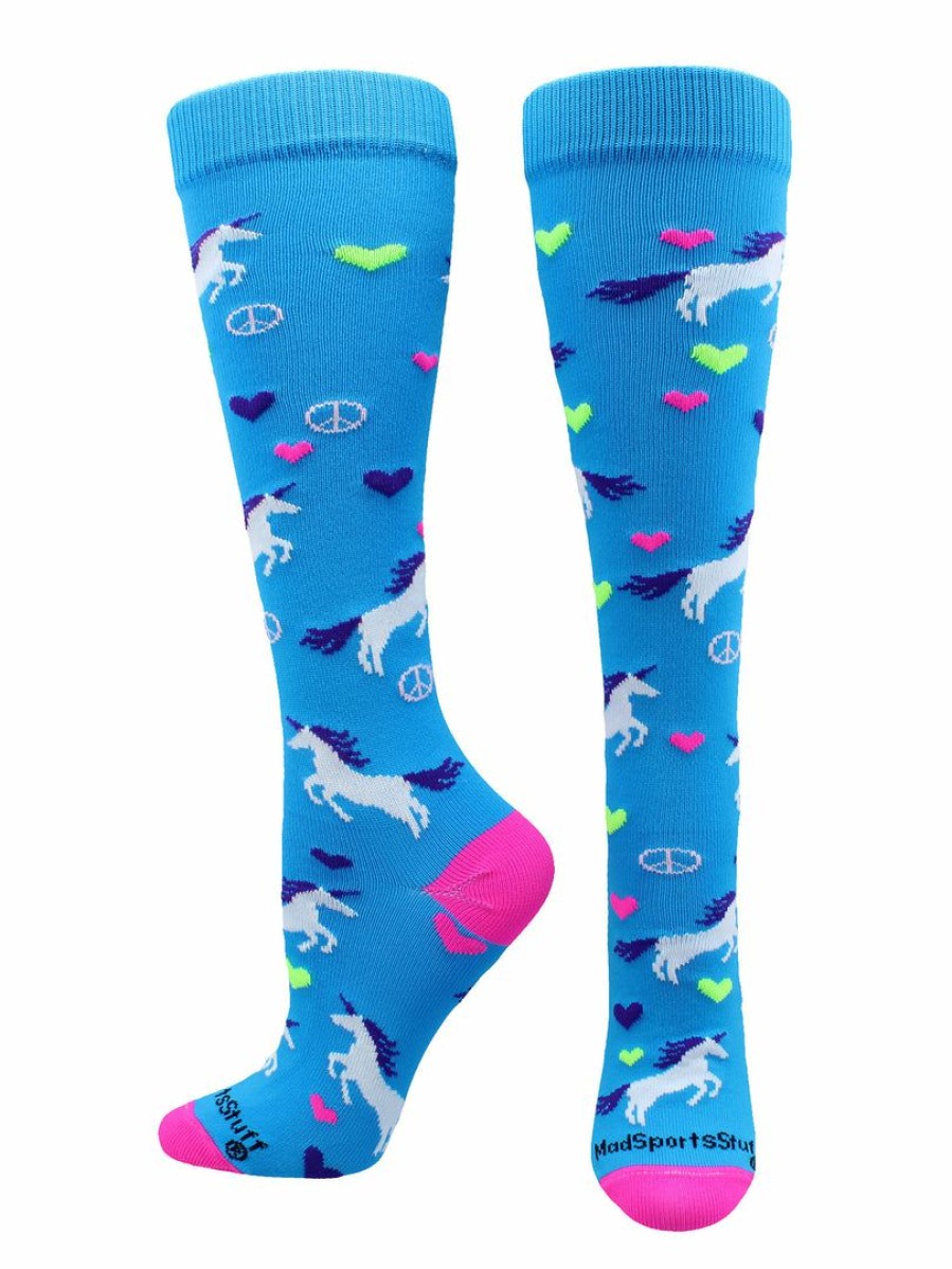 Ncaa Socks * | Outlet Madsportsstuff Peace Love Unicorn Over The Calf Athletic Socks Softball Socks Electric Blue/Neon Pink