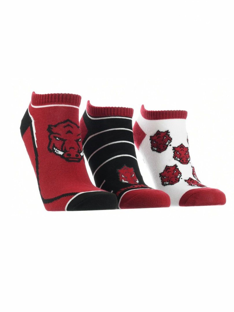 Ncaa Socks * | Wholesale Tck All Schools Arkansas Razorbacks No Show Socks Full Field 3 Pack Red/Black/White