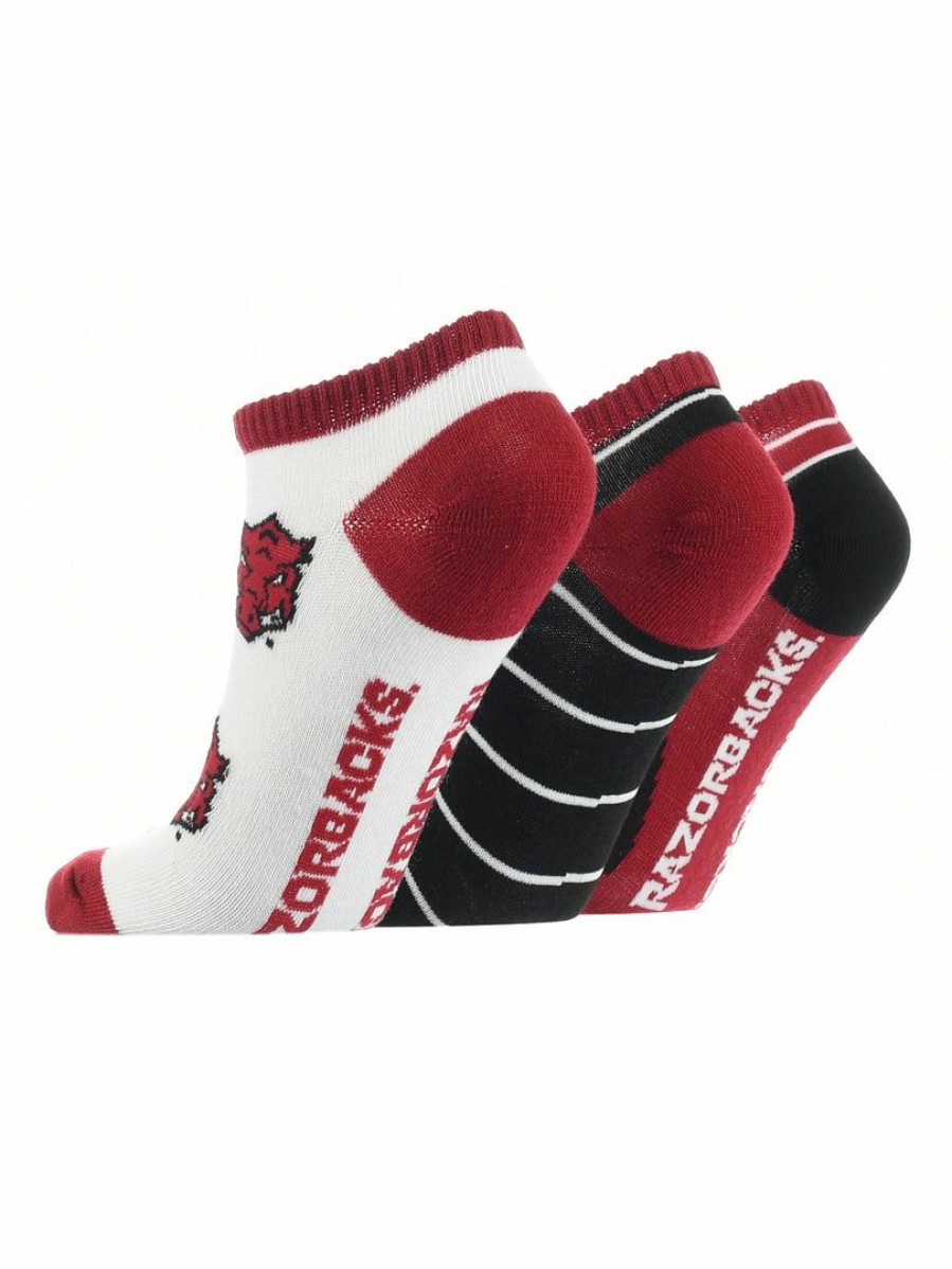 Ncaa Socks * | Wholesale Tck All Schools Arkansas Razorbacks No Show Socks Full Field 3 Pack Red/Black/White