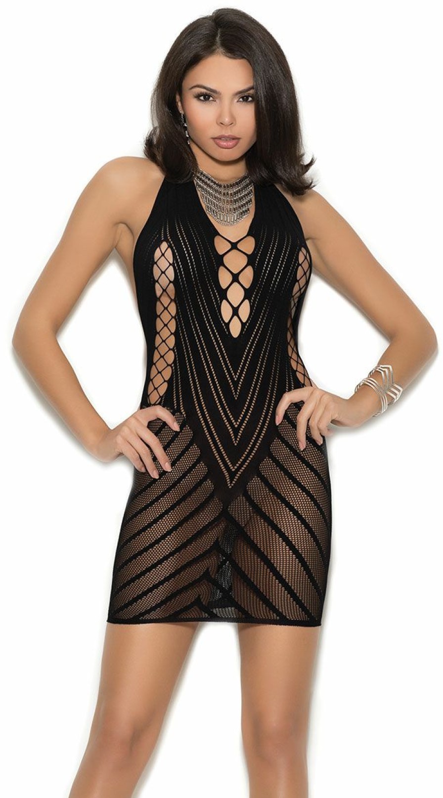 Lingerie * | Elegant Moments Black Crochet Halter Dress