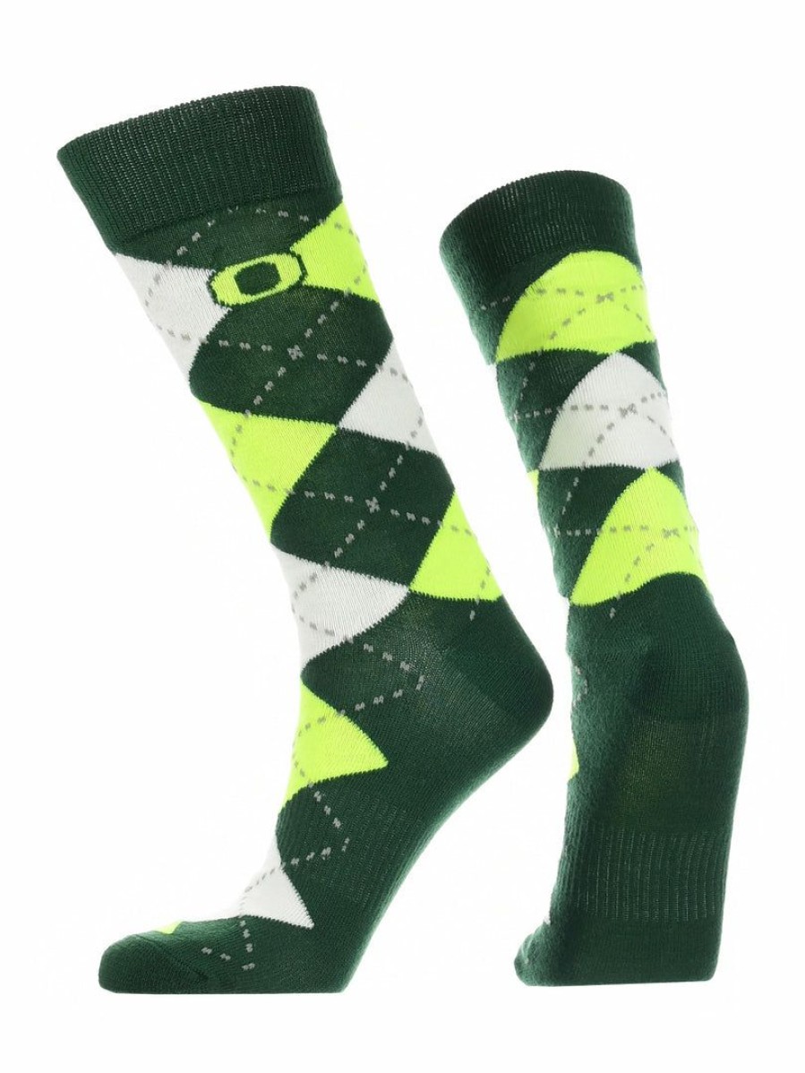 Ncaa Socks * | Best Sale Tck All Schools Oregon Ducks Argyle Dress Socks Ncaa Fanwear Crew Length Green/Gold