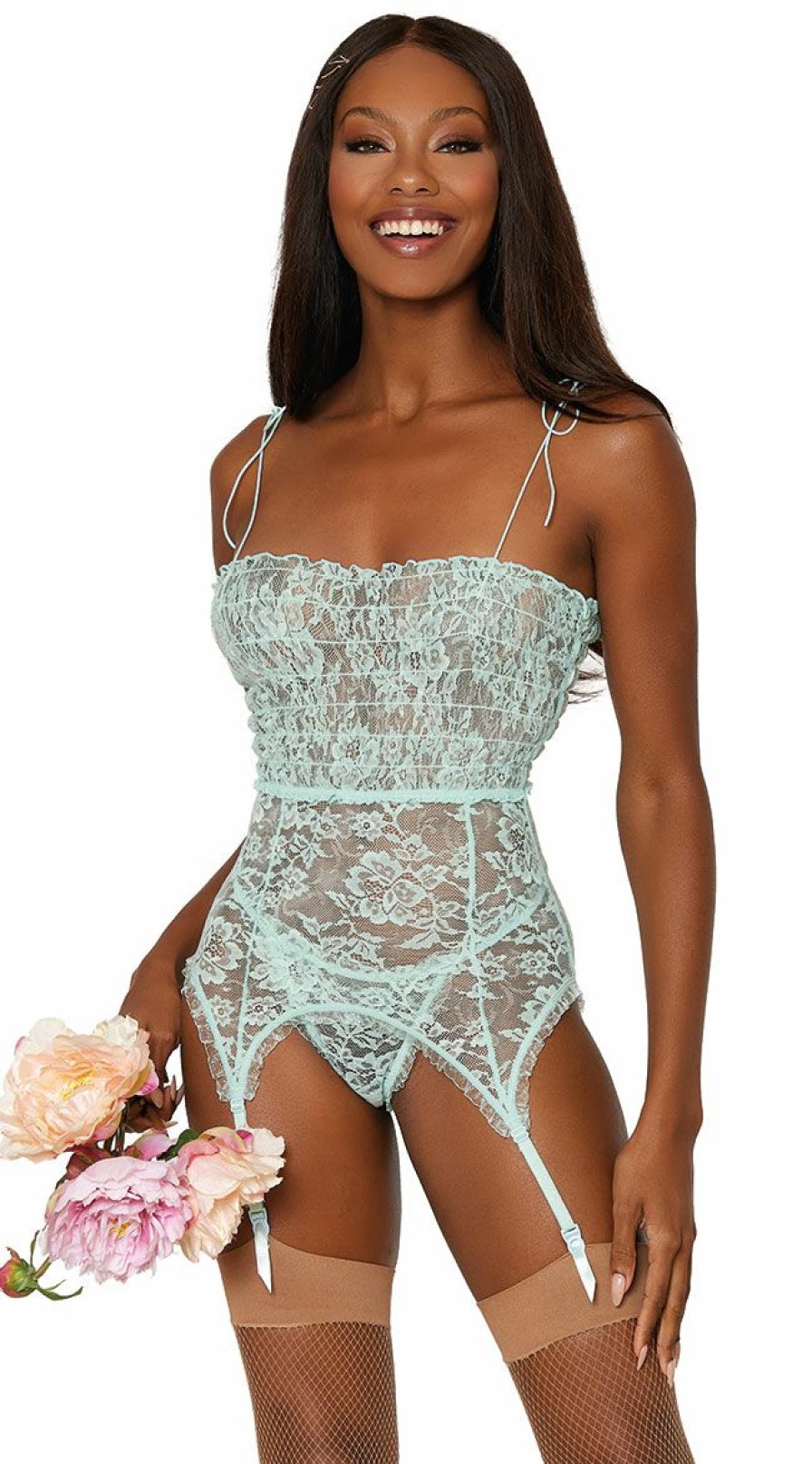 Lingerie * | Dreamgirl Delicated Ruched Mint Chemise Set