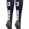 Ncaa Socks * | Best Sale Madsportsstuff Navy Player Id Custom Number Over The Calf Socks For Softball Baseball Football Boys And Girls