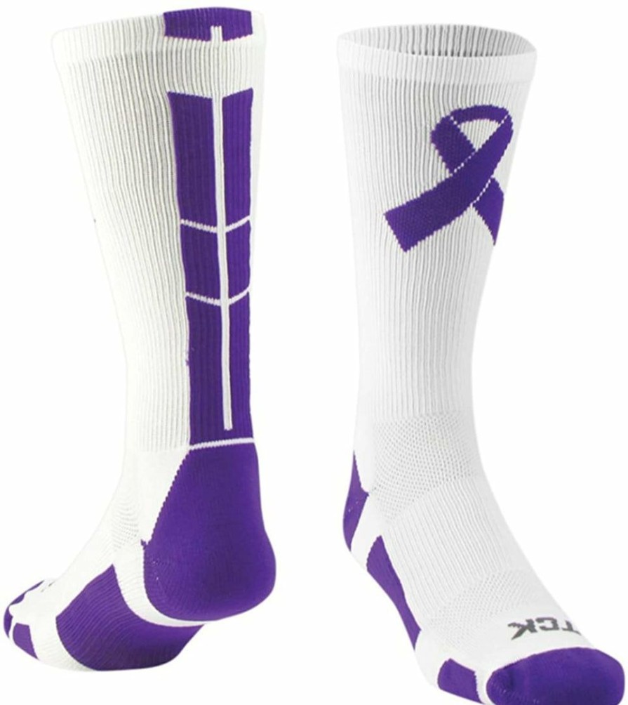 Ncaa Socks * | Brand New Tck Cancer Awareness Purple Ribbon Socks Crew Length Basketball Socks White/Purple