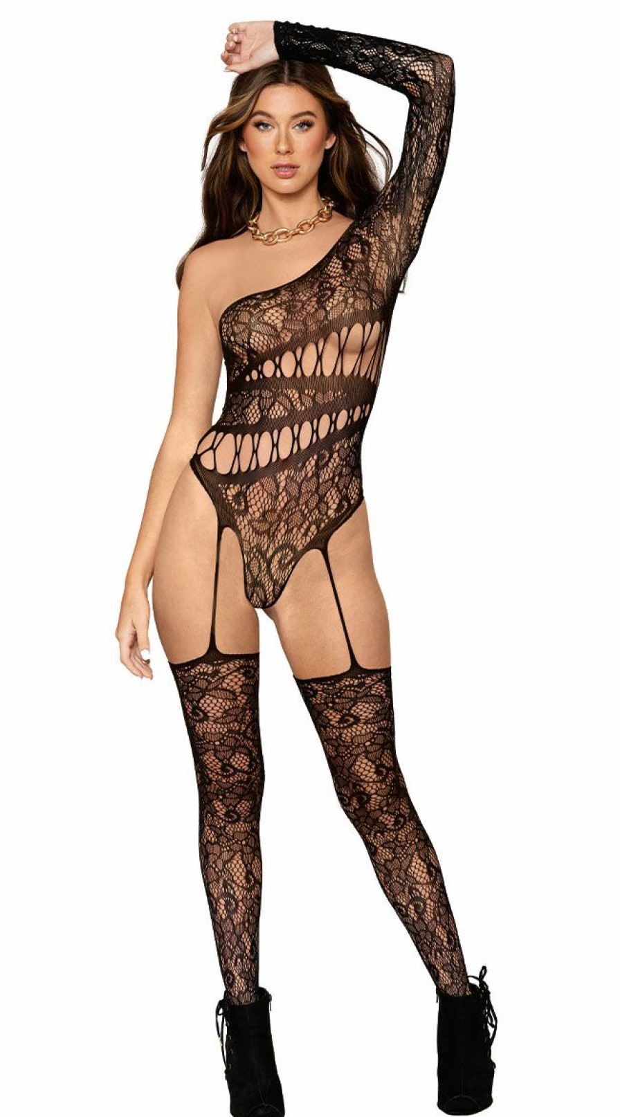 Lingerie * | Dreamgirl Asymmetrical Fishnet And Strappy Bodystocking