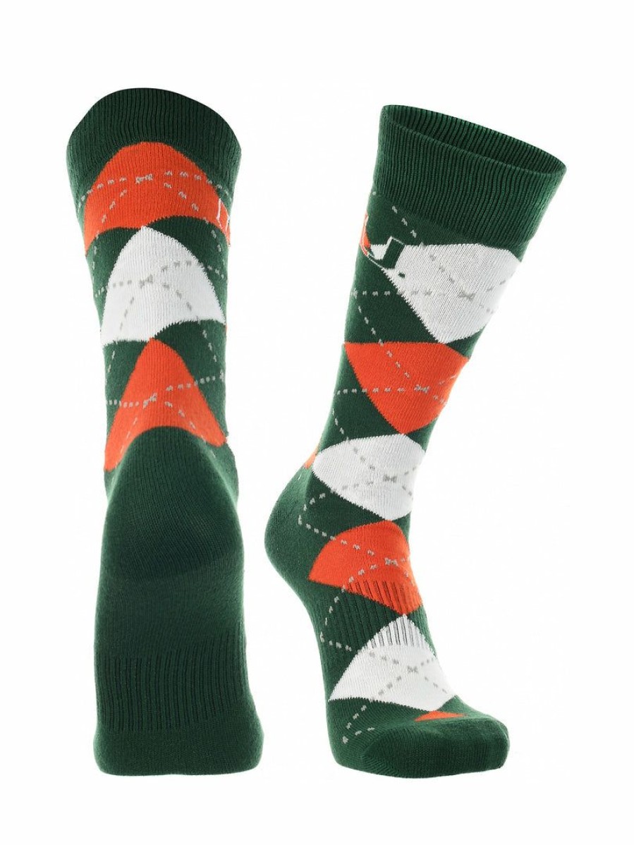 Ncaa Socks * | Discount Tck Miami Hurricanes Argyle Dress Socks Ncaa Fanwear Crew Length All Schools Orange/Green