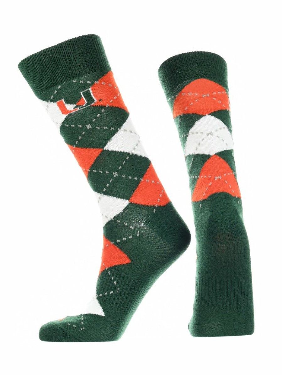 Ncaa Socks * | Discount Tck Miami Hurricanes Argyle Dress Socks Ncaa Fanwear Crew Length All Schools Orange/Green