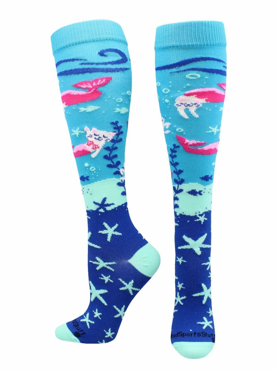 Ncaa Socks * | Brand New Madsportsstuff Half Cat Half Mermaid Purrmaid Athletic Over The Calf Socks Softball Socks Turquoise