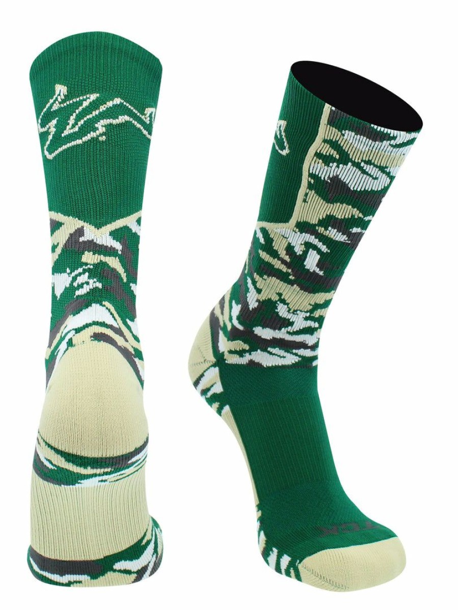 Ncaa Socks * | Buy Tck Sports University Of South Florida Bulls Socks Woodland Camo Crew All Schools Green/Gold