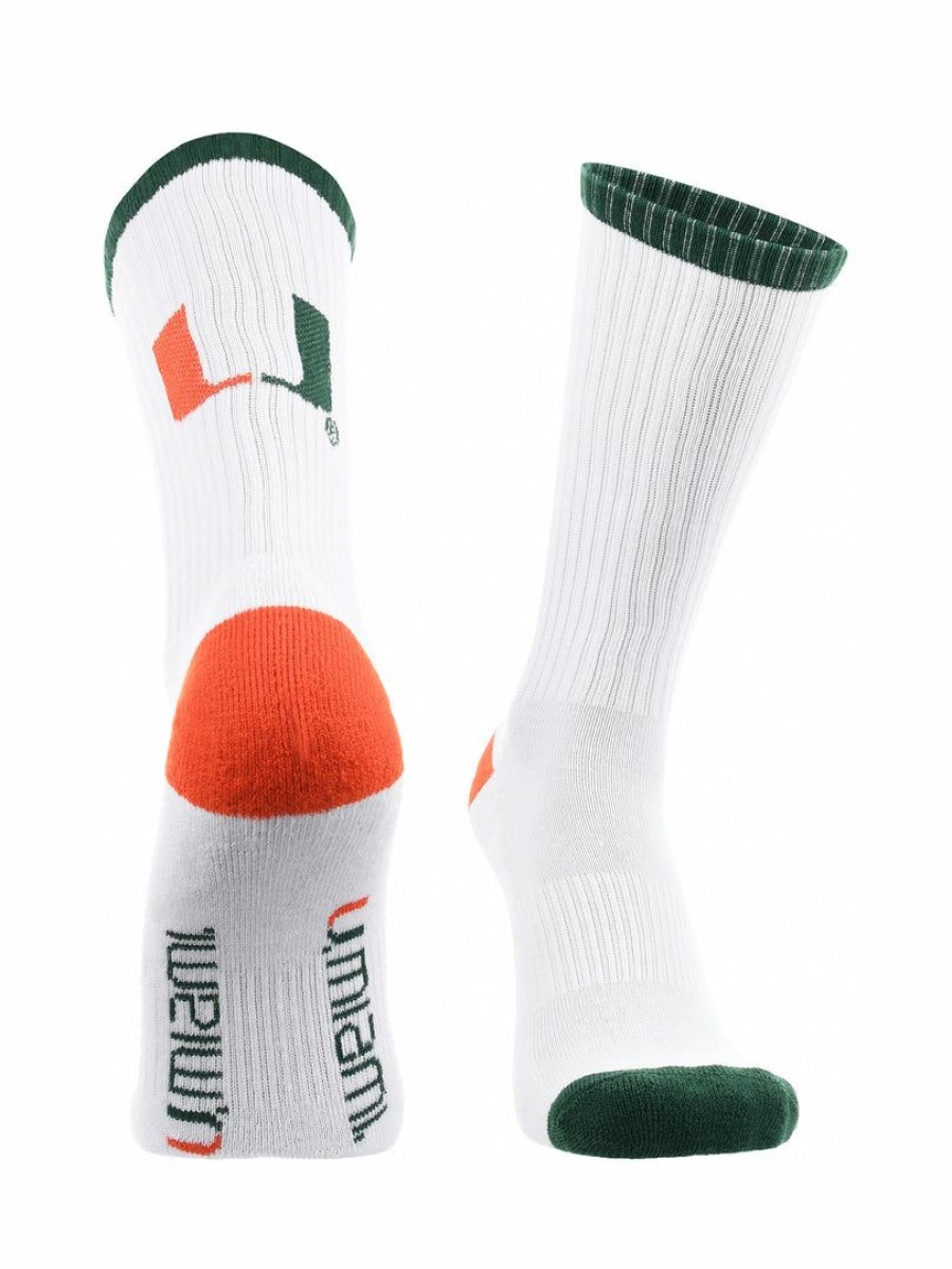 Ncaa Socks * | Hot Sale Tck Miami Hurricanes Socks Basic Crew White Socks White/Green/Orange