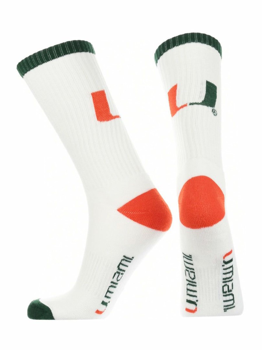 Ncaa Socks * | Hot Sale Tck Miami Hurricanes Socks Basic Crew White Socks White/Green/Orange