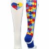 Ncaa Socks * | Best Reviews Of Madsportsstuff Puzzle Heart Autism Awareness Over The Calf Socks Baseball Socks White/Royal