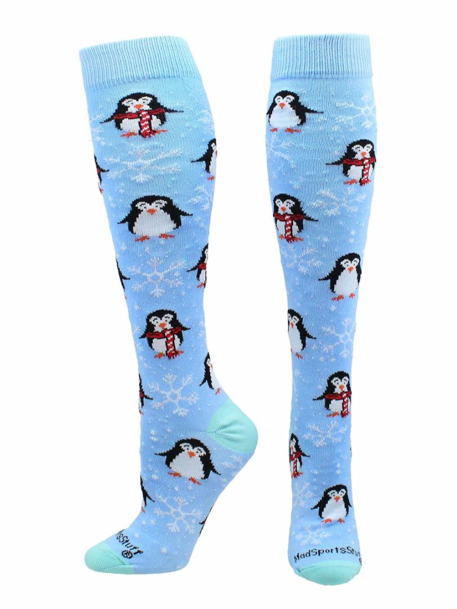 Ncaa Socks * | Top 10 Madsportsstuff Snow Penguin Christmas Socks Over The Calf Length Softball Socks Sky Blue