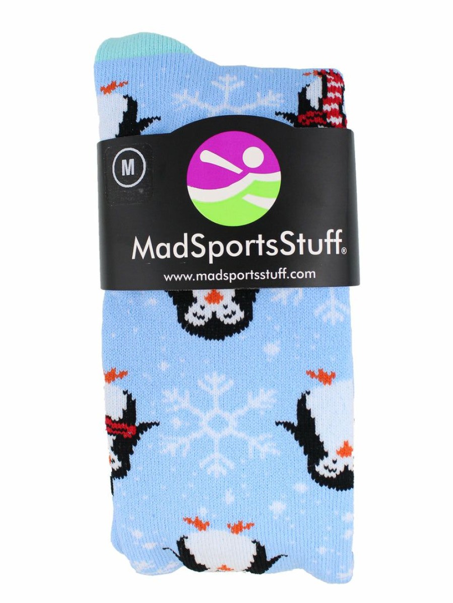 Ncaa Socks * | Top 10 Madsportsstuff Snow Penguin Christmas Socks Over The Calf Length Softball Socks Sky Blue