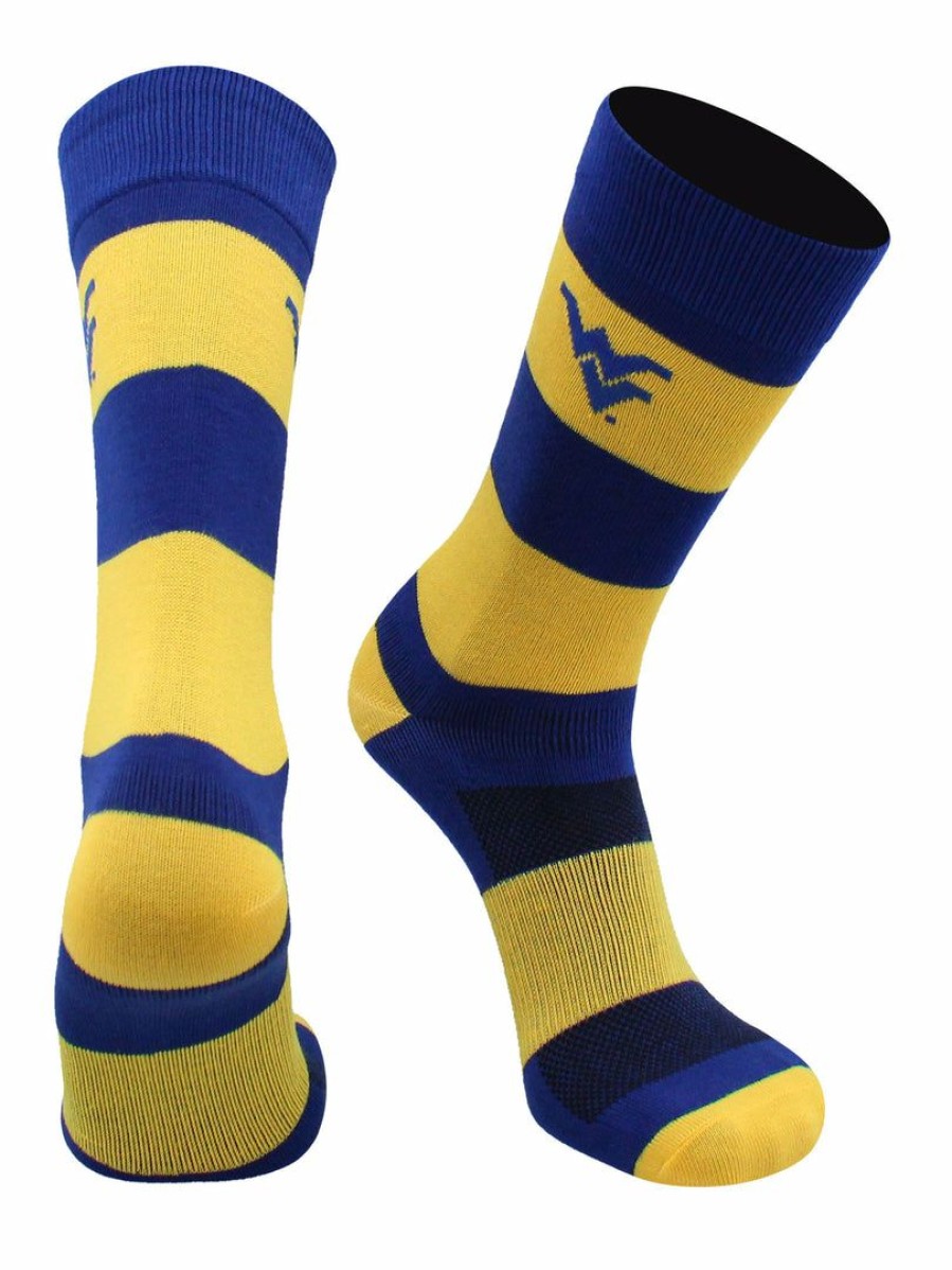 Ncaa Socks * | Discount Tck All Schools West Virginia Mountaineers Socks Game Day Striped Crew Socks Blue/Gold