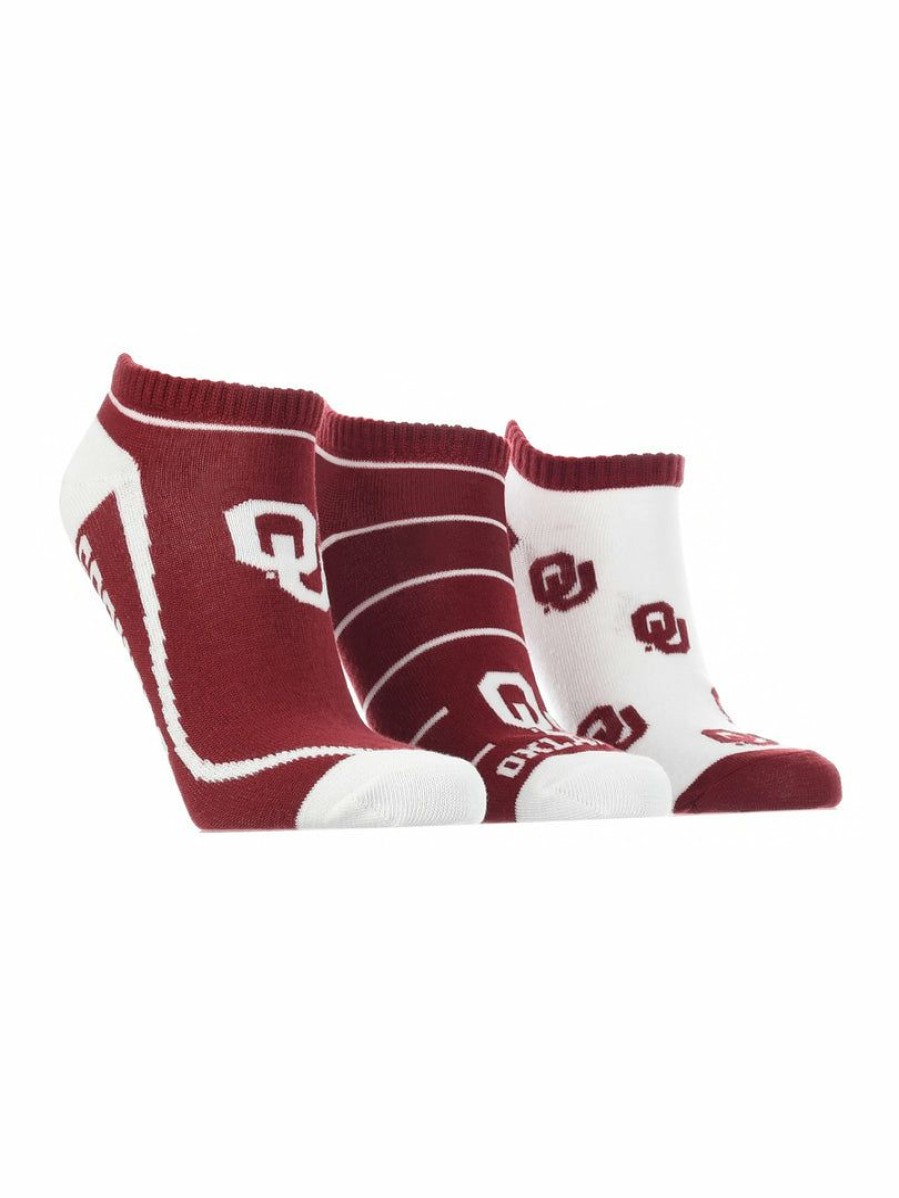 Ncaa Socks * | Best Sale Tck Ou Oklahoma Sooners No Show Socks Full Field 3 Pack All Schools Crimson/White