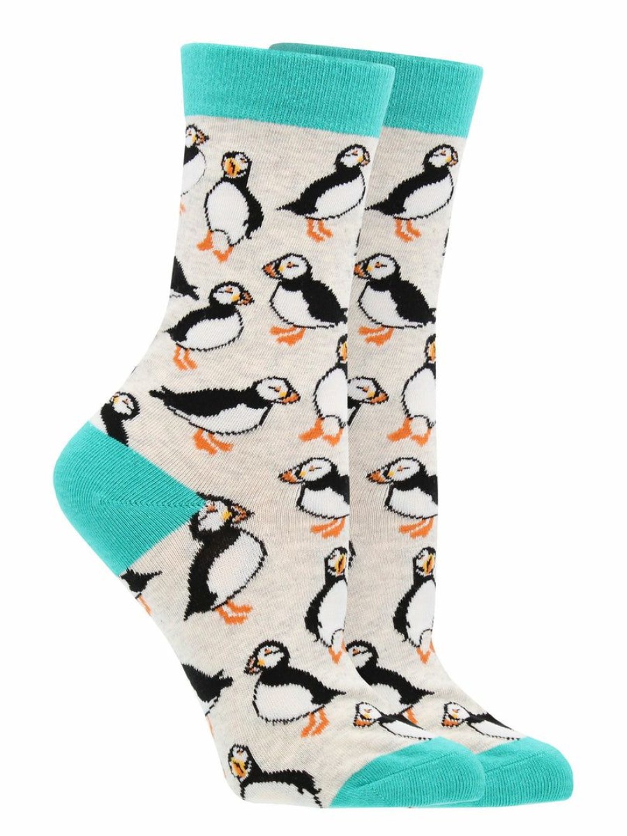 Ncaa Socks * | Outlet Whd Crazy Socks Crew Puffin Socks For Women Gift For Bird Lovers Oatmeal