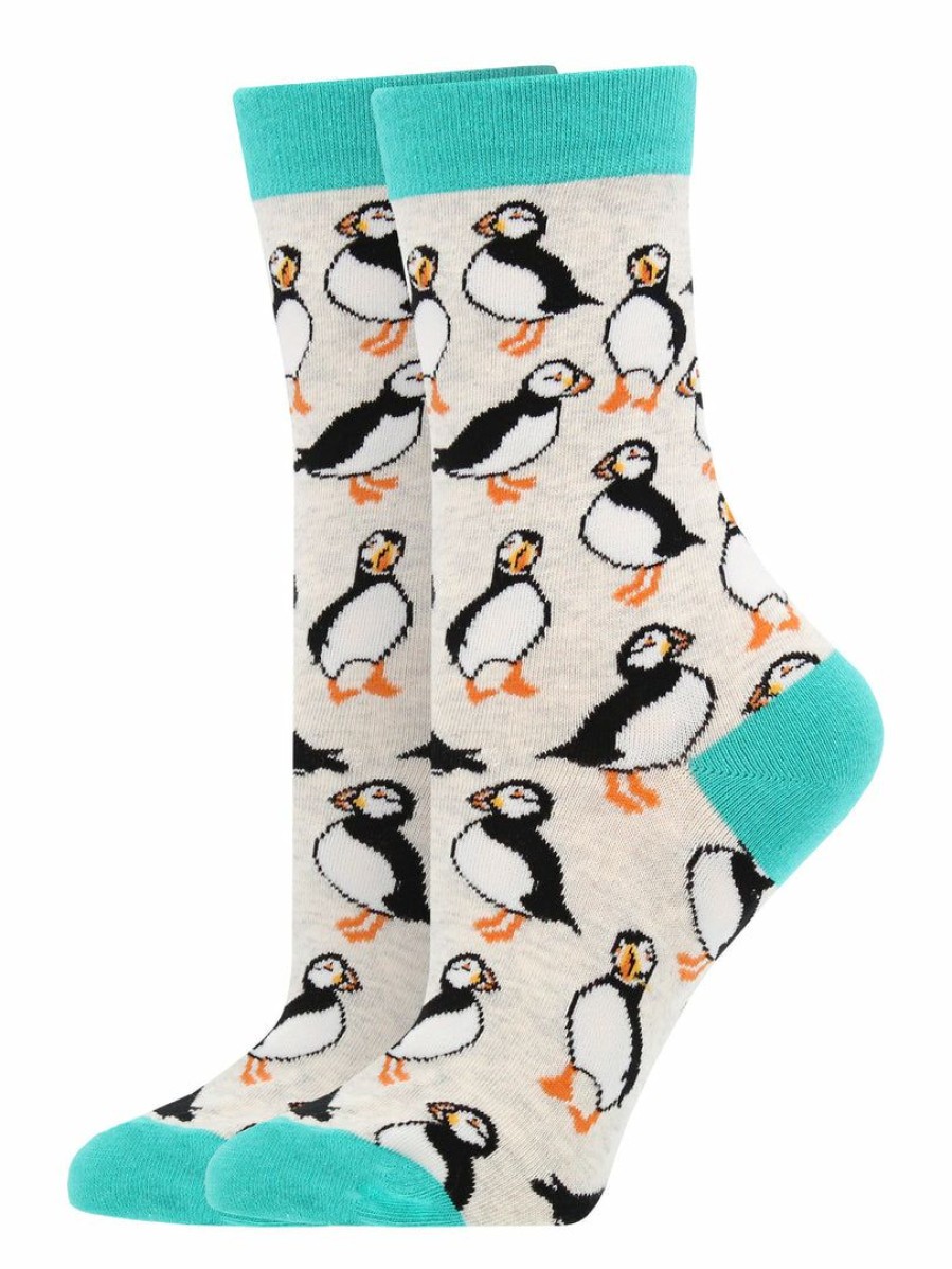 Ncaa Socks * | Outlet Whd Crazy Socks Crew Puffin Socks For Women Gift For Bird Lovers Oatmeal