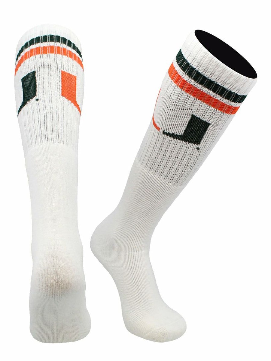 Ncaa Socks * | Best Sale Tck Miami Hurricanes Socks Throwback Tube Socks White/Green/Orange