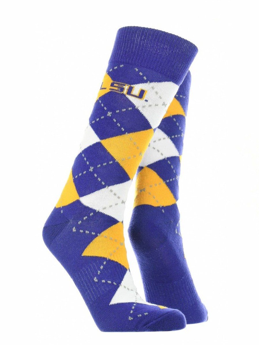 Ncaa Socks * | Wholesale Tck Lsu Tigers Argyle Dress Socks Ncaa Fanwear Crew Length All Schools Purple/Gold