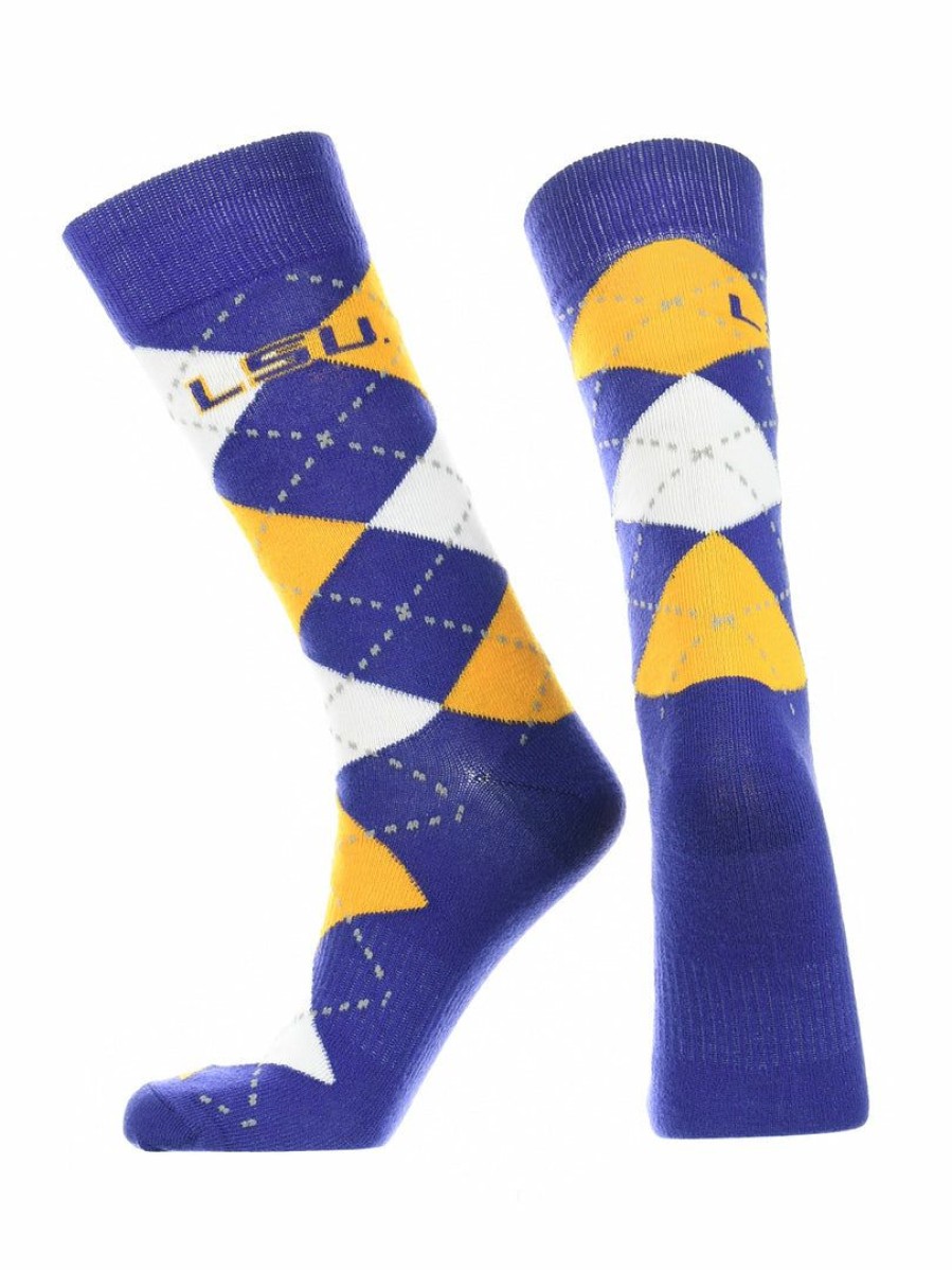 Ncaa Socks * | Wholesale Tck Lsu Tigers Argyle Dress Socks Ncaa Fanwear Crew Length All Schools Purple/Gold