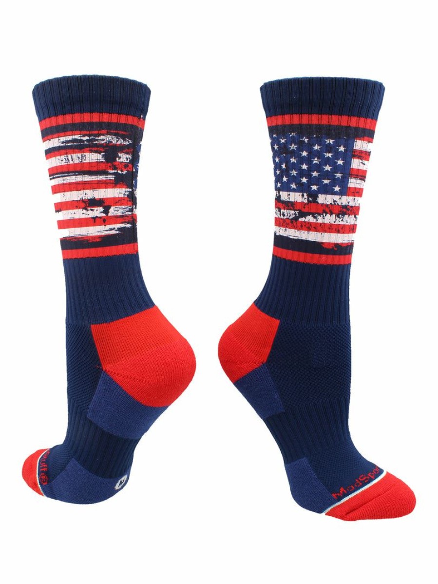 Ncaa Socks * | Flash Sale Madsportsstuff Distressed Usa Flag Patriotic Athletic Crew Socks Basketball Socks Navy/Red/White