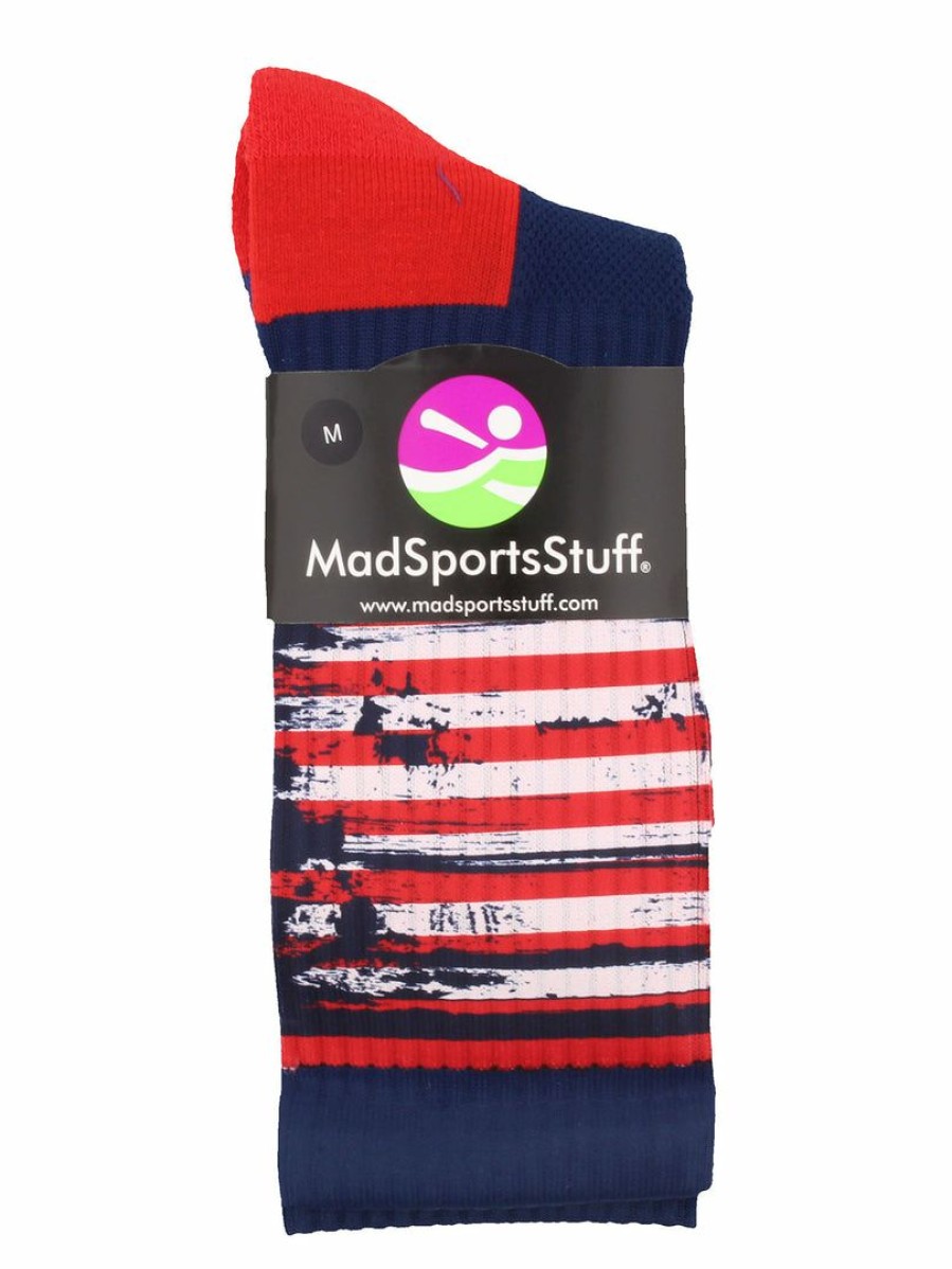 Ncaa Socks * | Flash Sale Madsportsstuff Distressed Usa Flag Patriotic Athletic Crew Socks Basketball Socks Navy/Red/White