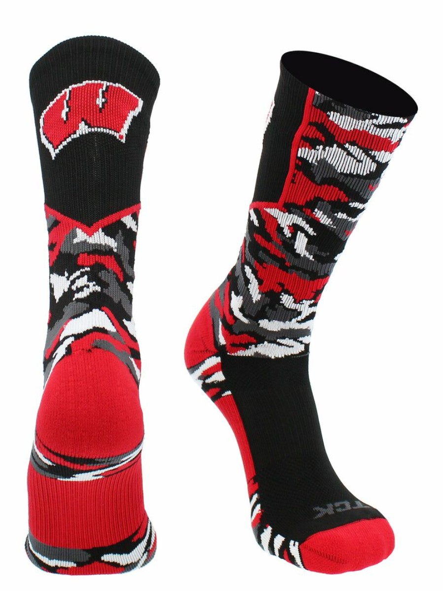 Ncaa Socks * | Promo Tck Sports All Schools Wisconsin Badgers Socks Woodland Camo Crew Black/Cardinal