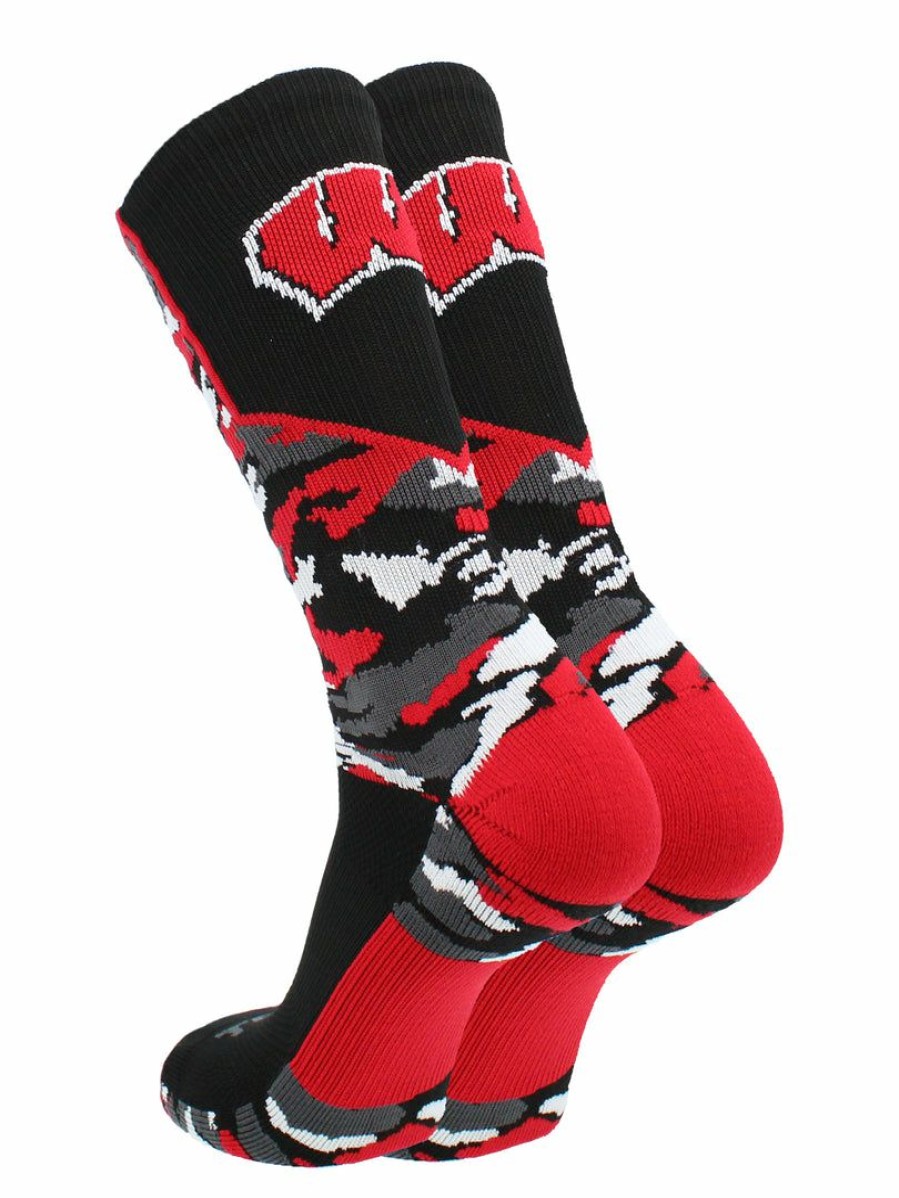 Ncaa Socks * | Promo Tck Sports All Schools Wisconsin Badgers Socks Woodland Camo Crew Black/Cardinal