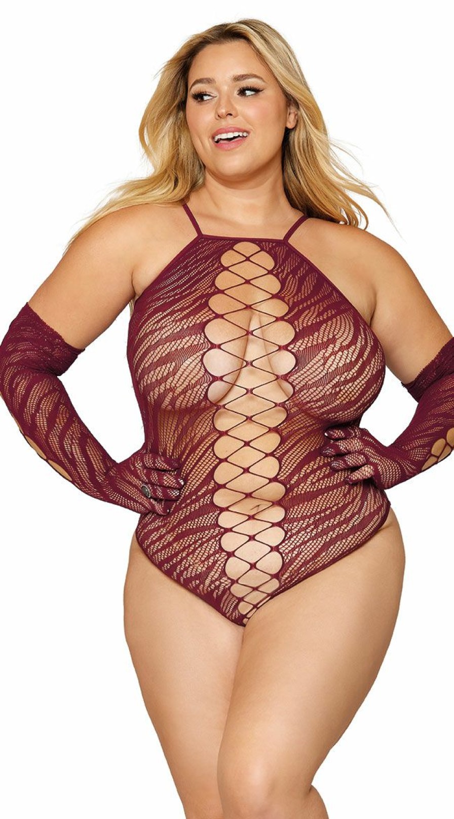 Dancewear * | Dreamgirl Plus Size Fishnet Zebra Teddy And Gloves Set