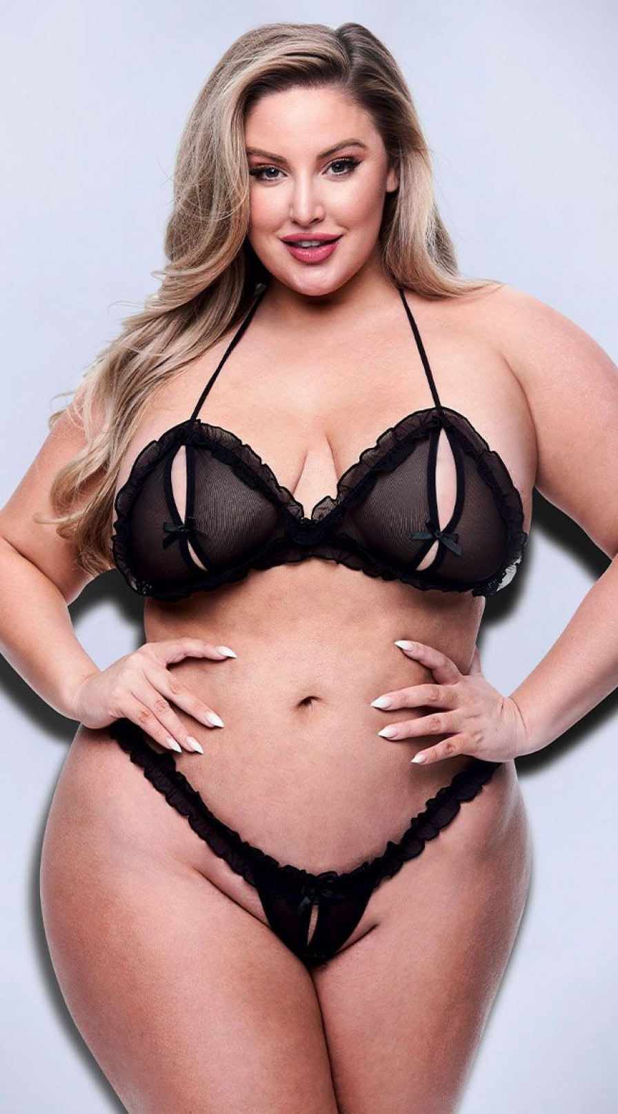 Lingerie * | Baci Plus Size Peekaboo Ruffled Crotchless Bra Set