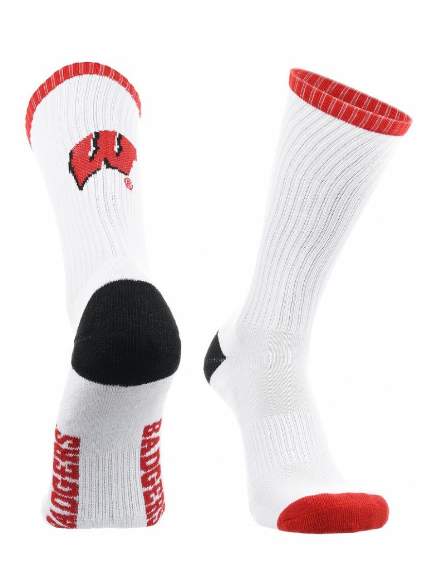 Ncaa Socks * | Coupon Tck Wisconsin Badgers Socks Basic Crew White Socks All Schools White/Red/Black