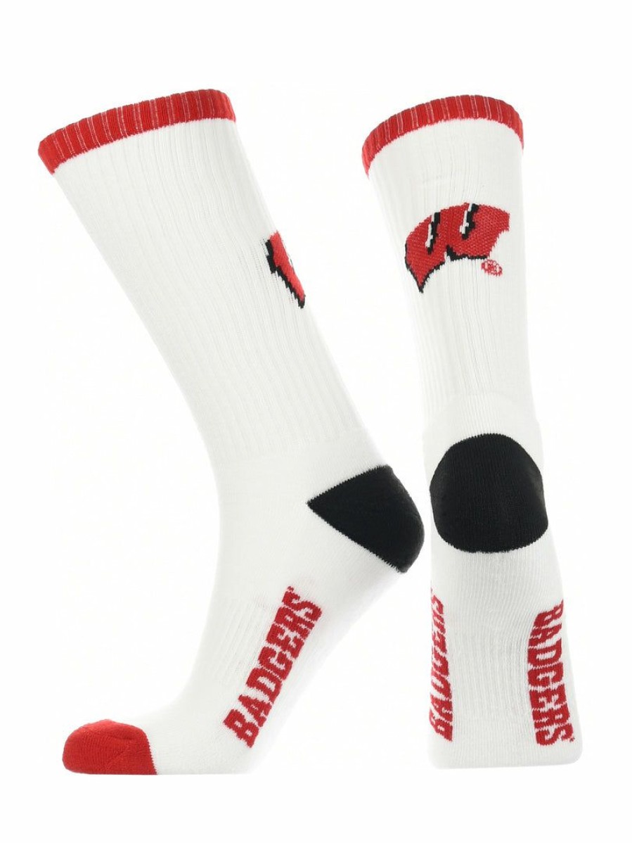 Ncaa Socks * | Coupon Tck Wisconsin Badgers Socks Basic Crew White Socks All Schools White/Red/Black