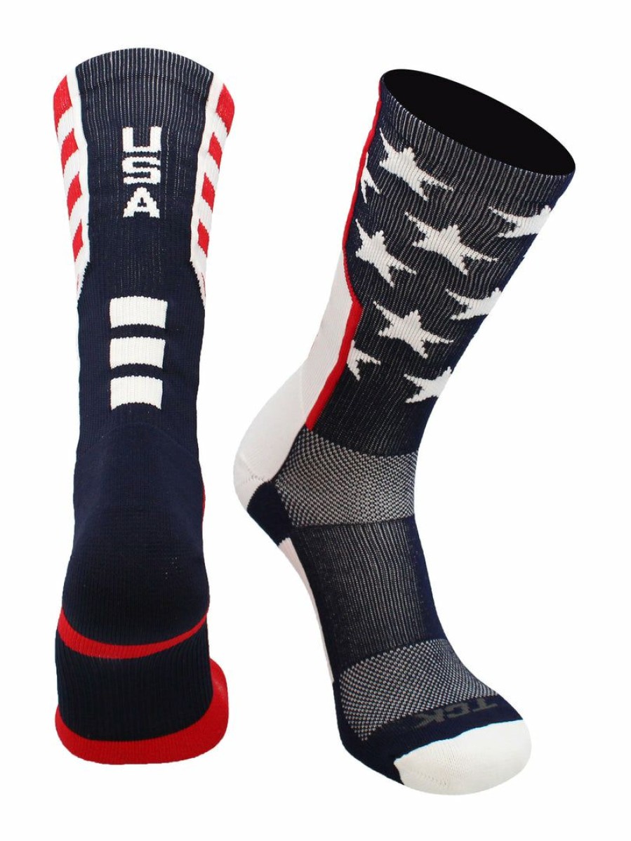 Ncaa Socks * | Coupon Tck Basketball Socks Usa American Flag Socks Crew Length Usa Strong Scarlet/Navy/White