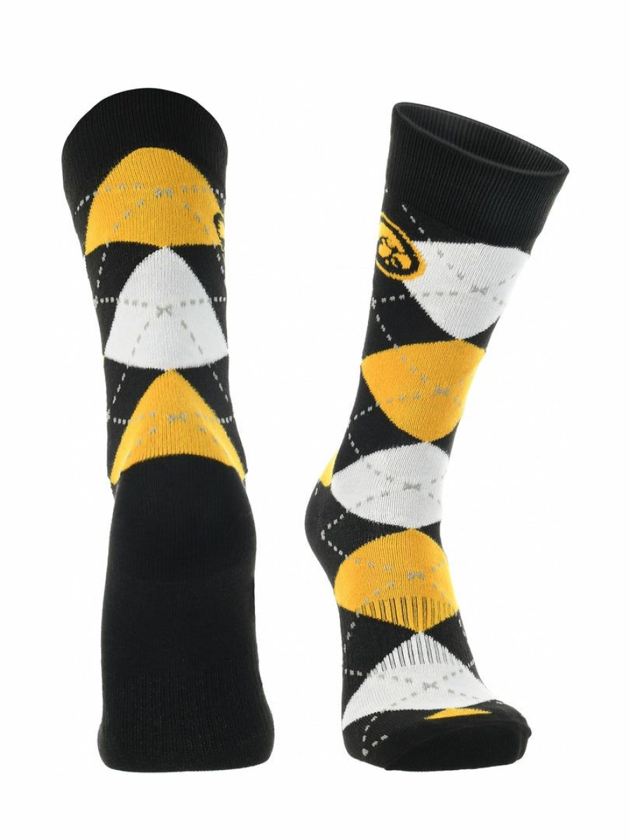 Ncaa Socks * | Buy Tck All Schools Iowa Hawkeyes Argyle Dress Socks Ncaa Fanwear Crew Length Black/Gold/White