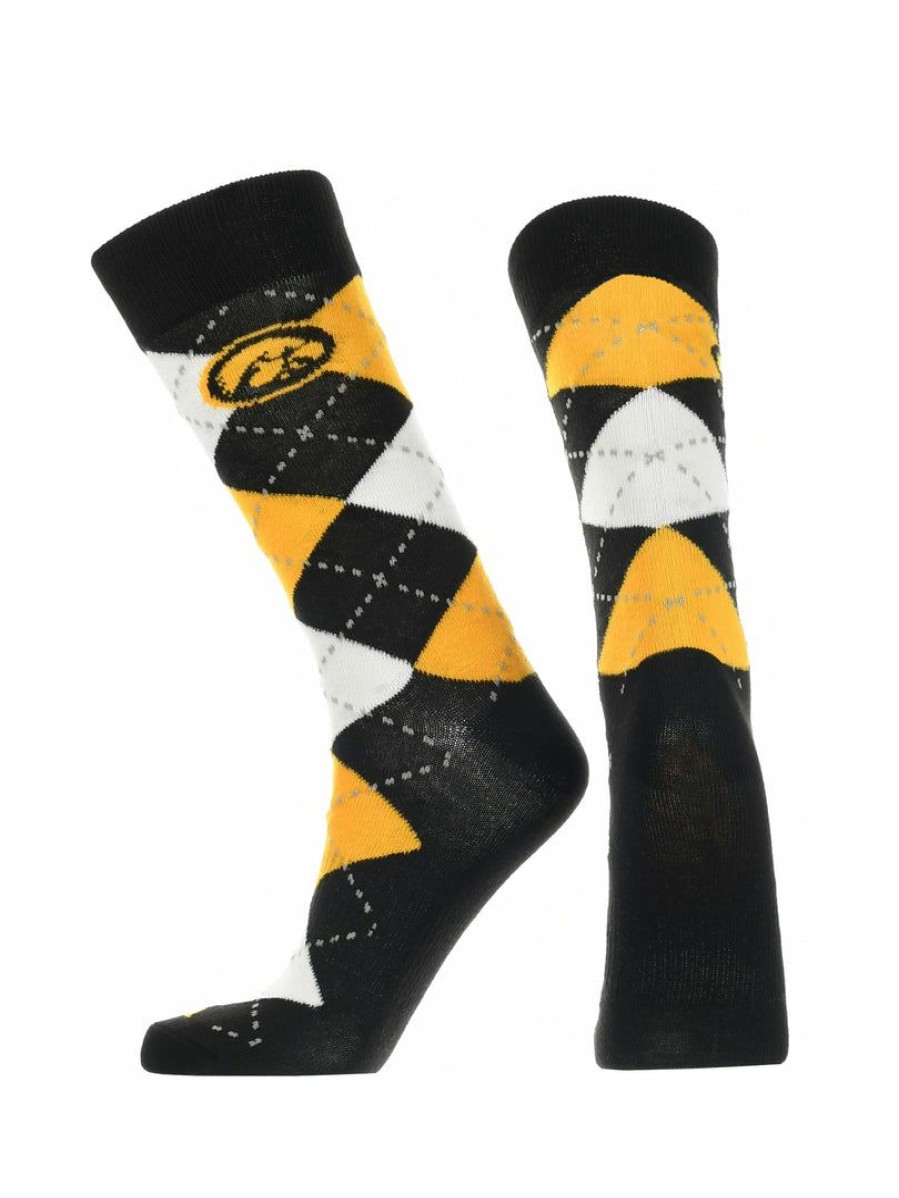 Ncaa Socks * | Buy Tck All Schools Iowa Hawkeyes Argyle Dress Socks Ncaa Fanwear Crew Length Black/Gold/White