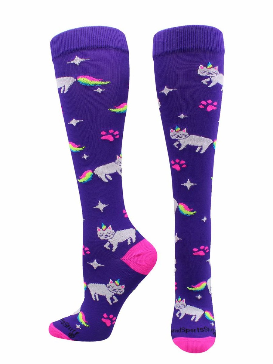 Ncaa Socks * | Promo Madsportsstuff Caticorn Over The Calf Socks Half Cat Half Unicorn Socks Neon Rainbow Softball Socks Purple/Neon Pink