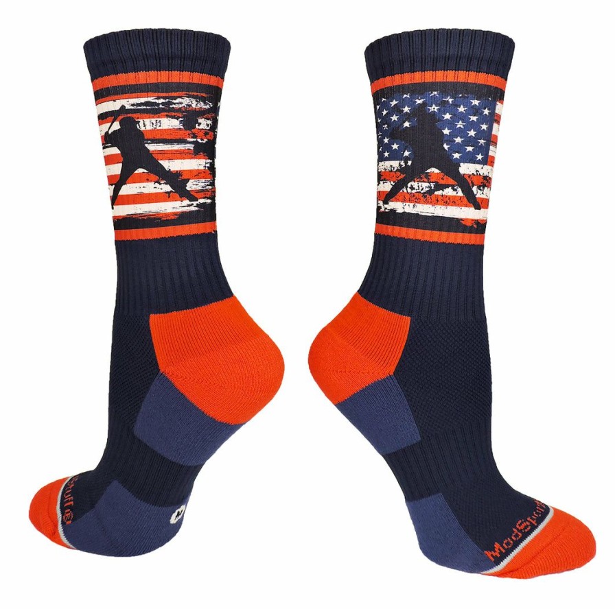 Ncaa Socks * | Best Pirce Madsportsstuff Usa American Flag Baseball Player Athletic Crew Socks Navy/Red/White