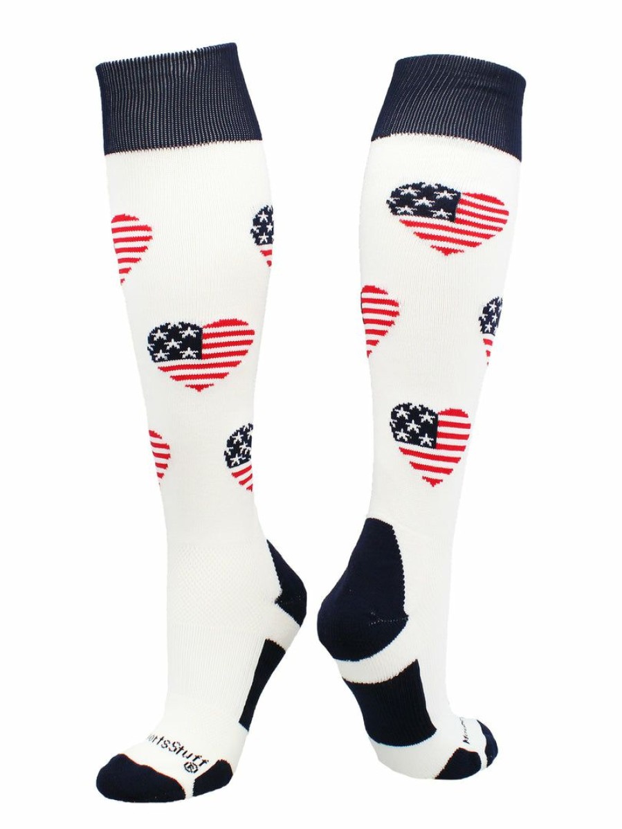 Ncaa Socks * | Cheapest Madsportsstuff Love Usa American Flag Heart Socks Over The Calf White/Navy/Red