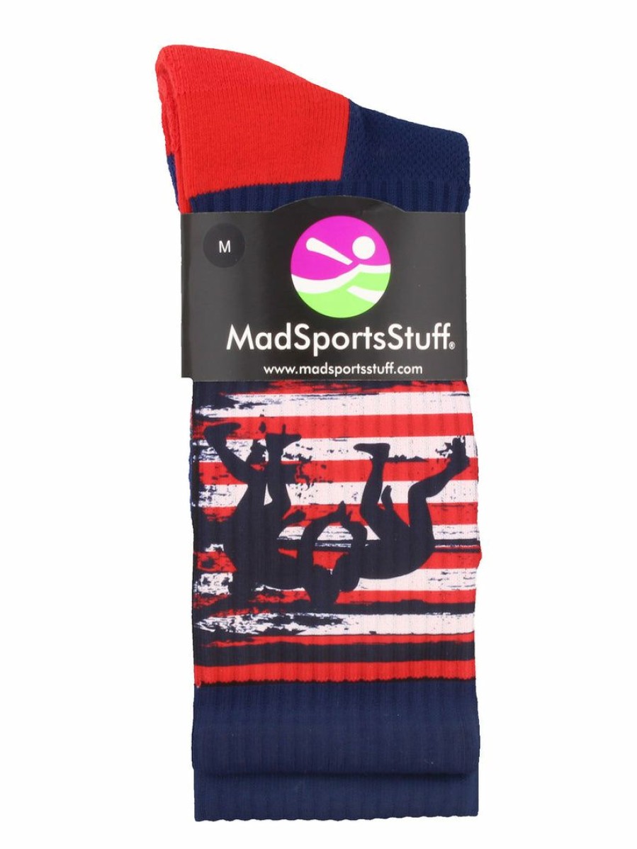 Ncaa Socks * | Promo Madsportsstuff Usa Flag Fighting Wrestlers Athletic Crew Socks Wrestling Socks Navy/Red/White