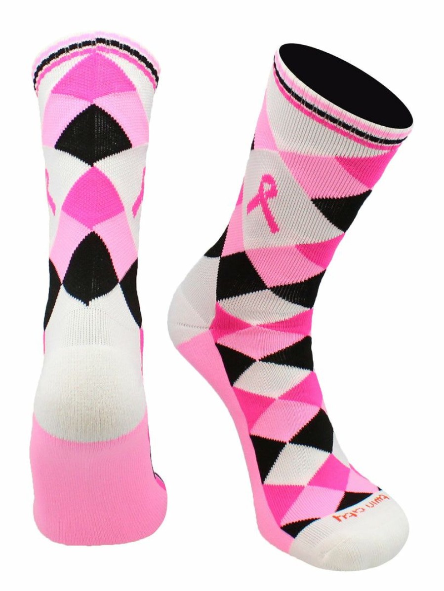 Ncaa Socks * | Brand New Tck Breast Cancer Awareness Ribbon Argyle Crew Socks Pink Black White/Pink/Hot Pink/Black