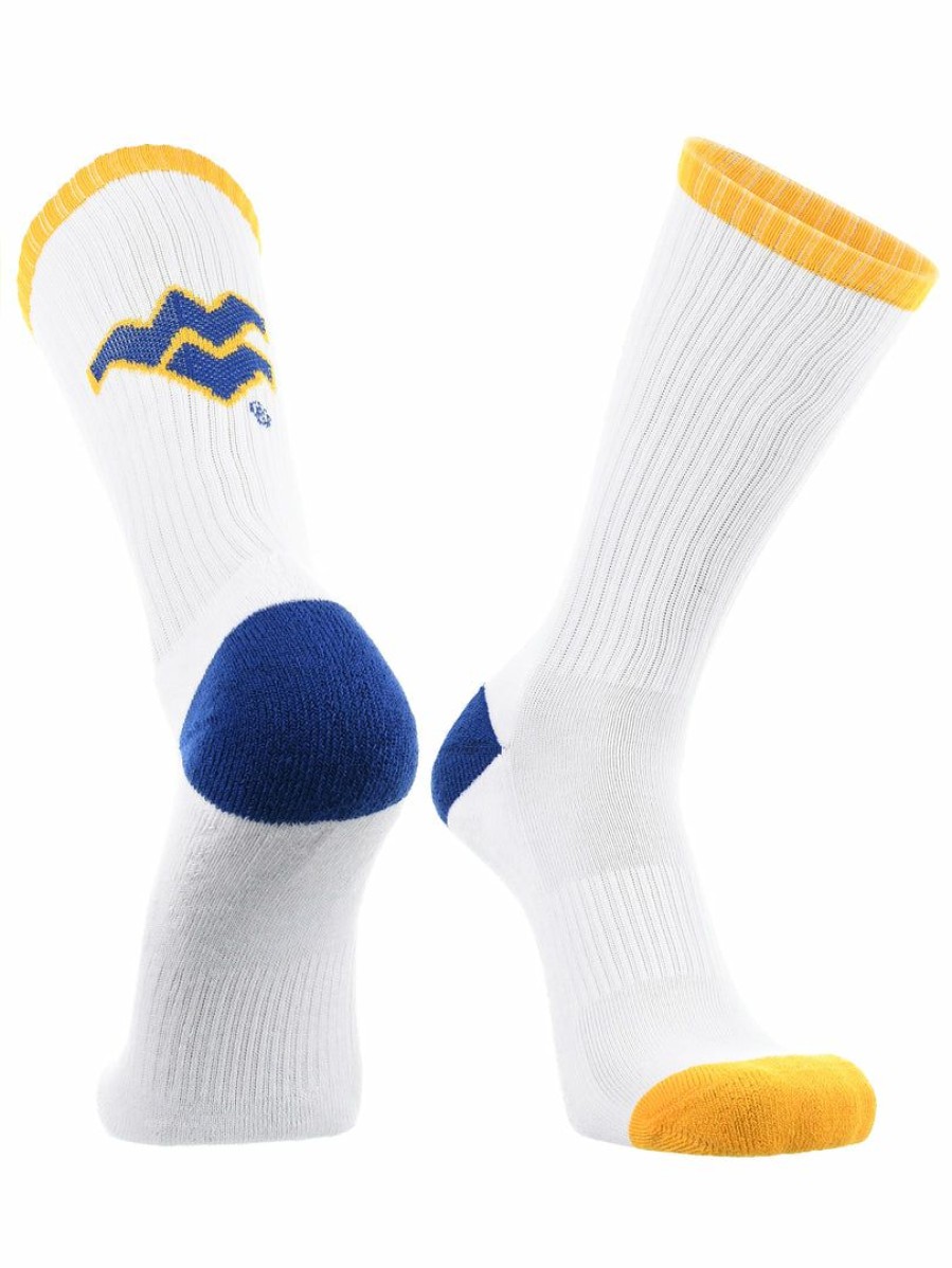 Ncaa Socks * | Wholesale Tck West Virginia Mountaineers Socks Basic Crew White Socks All Schools White/Gold/Blue