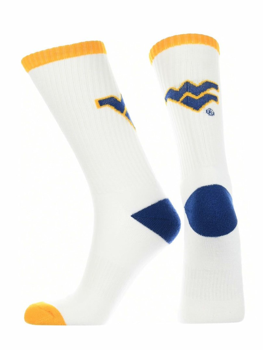 Ncaa Socks * | Wholesale Tck West Virginia Mountaineers Socks Basic Crew White Socks All Schools White/Gold/Blue