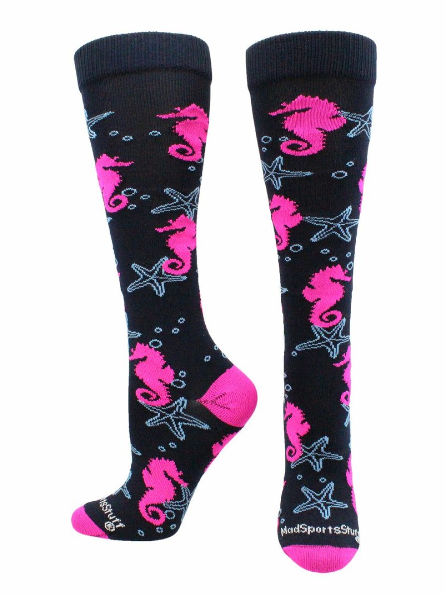 Ncaa Socks * | Flash Sale Madsportsstuff Seahorse And Starfish Athletic Over The Calf Socks Dark Navy/Neon Pink