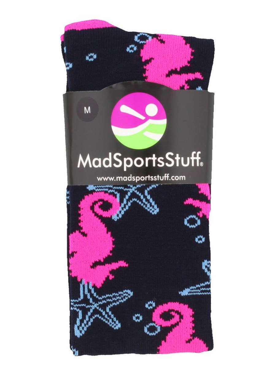 Ncaa Socks * | Flash Sale Madsportsstuff Seahorse And Starfish Athletic Over The Calf Socks Dark Navy/Neon Pink