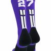 Ncaa Socks * | Best Pirce Madsportsstuff Purple Player Id Custom Number Crew Socks For Basketball Lacrosse Volleyball Boys And Girls Volleyball Socks