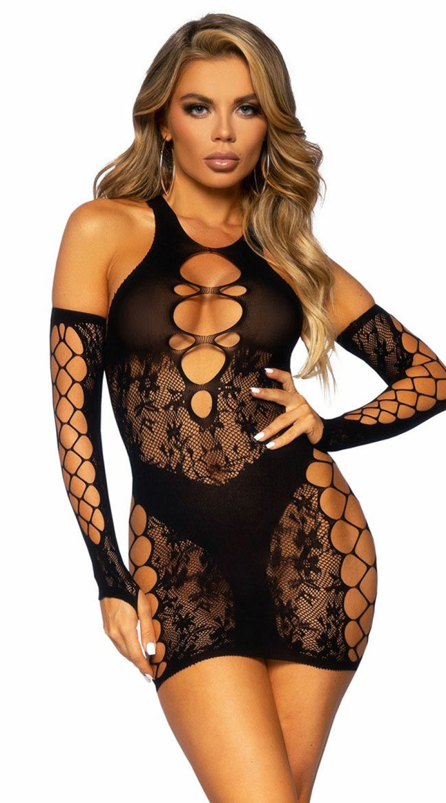 Lingerie * | Leg Avenue Racerback Fishnet And Lace Mini Dress Set