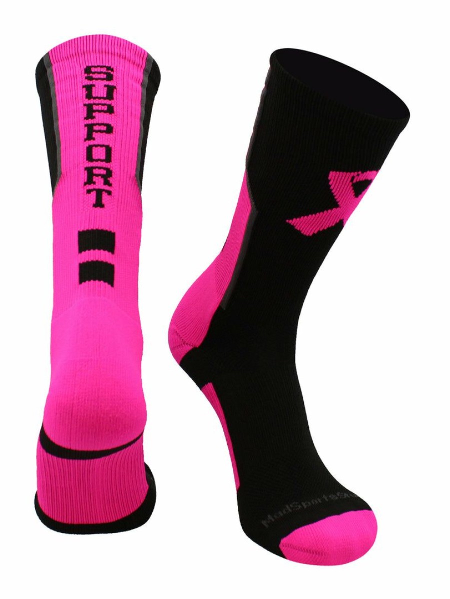 Ncaa Socks * | Buy Madsportsstuff Pink Ribbon Breast Cancer Awareness Support Athletic Crew Socks Baseball Socks Black/Neon Pink/Graphite