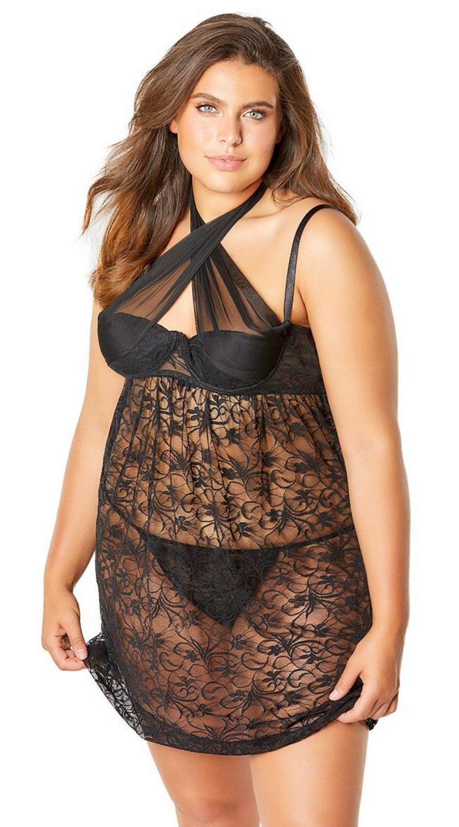 Lingerie * | Oh La La Cheri Plus Size Abelina Lace Empire Waist Babydoll Set