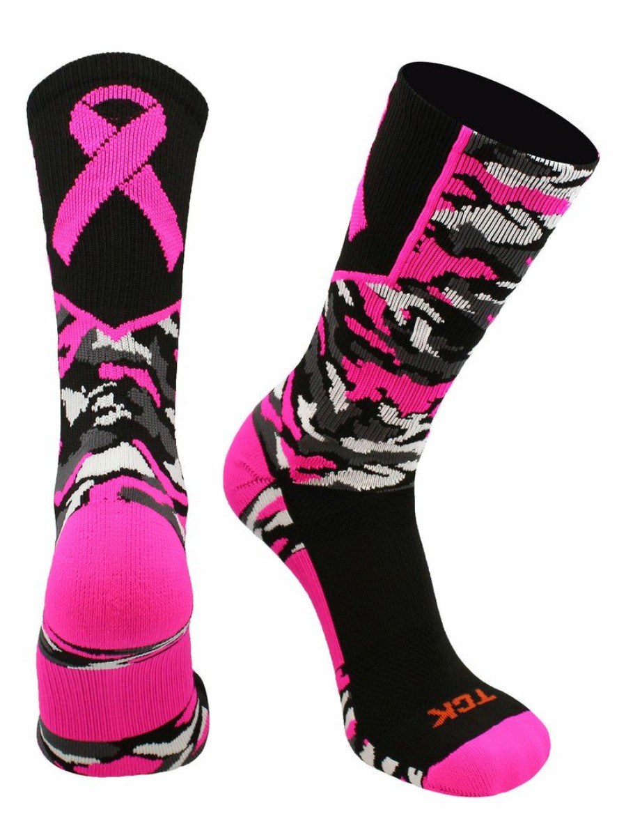 Ncaa Socks * | Discount Tck Basketball Socks Woodland Camo Breast Cancer Awareness Crew Socks Black/Hot Pink